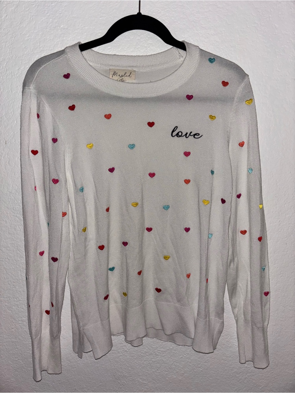 NWOT White 'Love' Rainbow Heart Embroidered Sweater